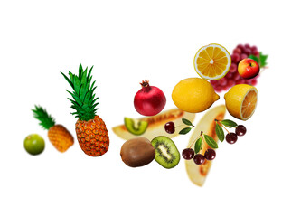 Juicy, tasty, fresh cherry, apple, kiwi, grapes, banan, lime, levitate, pomegranate on a white background, healthy diet. Fresh fruits and vegetables