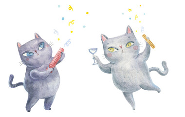 cute Ukrainian cat patriot, warrior rejoices in the victory of Ukraine, children's illustration in watercolor on a white background, stickers, print and design