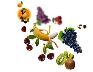 Juicy, tasty, fresh grape, kiwi, orange, banan, orange levitate on a white background, healthy diet. Fresh fruits and vegetables