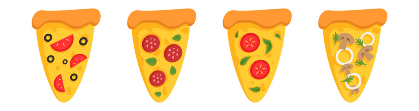 Set Of Vector Pepperoni Pizza Slice With Different Flavors . Fast Food Illustration