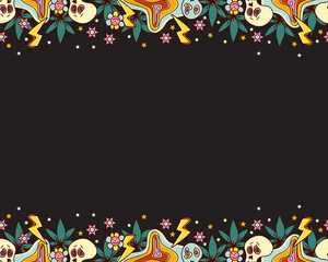 Colorful stylized decorative border.Vector 70s retro background. Psychedelic, hippies style.
