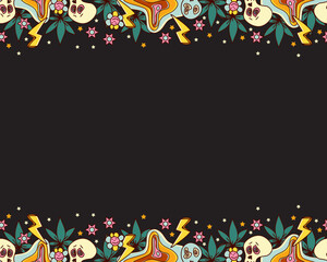 Colorful stylized decorative border.Vector 70s retro background. Psychedelic, hippies style.