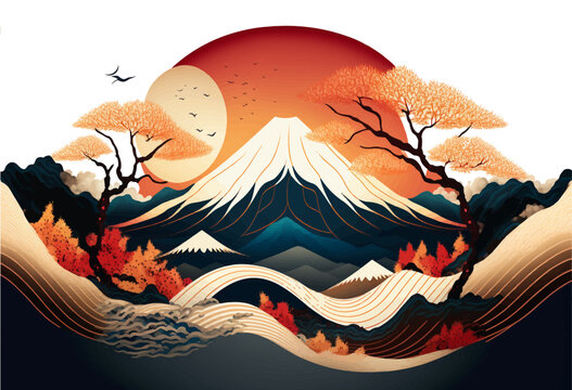 Minimalistic mountain landscape with watercolor gold brush and texture in traditional oriental, Japanese style. Vector illustration