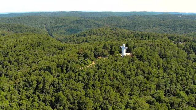 Aerial of the Christ of the Ozarks statue, near Eureka Springs, Arkansas, on the Magnetic Mountain