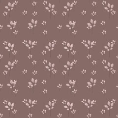 Seamless pattern with pink leaves on branches. Botanical print on brown background. For books, paper, menu design, textile, fabric, nursing, wallpapers
