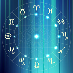 Magic circle with zodiacs sign on abstract blur background.
