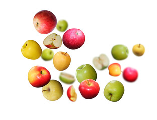 Tasty, juicy apples levitate on a white background, healthy diet. Fresh fruits and vegetables.