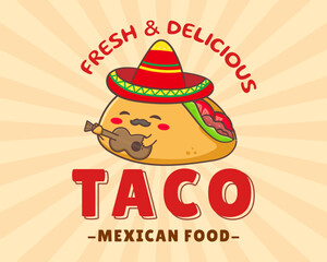 Taco with meat and vegetable, guitar and sombrero. Traditional Latin American Mexican fast-food. Tacos logo icon sticker food concept. Vintage retro flat cartoon style. Cinco de mayo