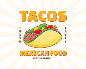 Taco with meat and vegetable. Traditional Latin American Mexican fast-food. Tacos logo icon sticker food concept. Vintage retro flat cartoon style.