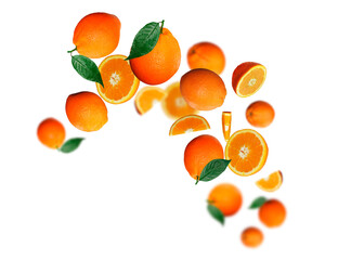 Tasty, juicy oranges levitate on a white background, healthy diet. Fresh fruits and vegetables