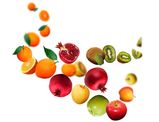 Tasty,Juicy. fresh apple, kiwi, pomegranate, orange, levitate on a white background, healthy diet. Fresh fruits and vegetables