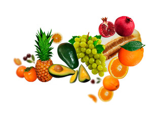 Tasty,Juicy. fresh grapes, orange, avokado, pomegranate, ananas, persimmon levitate on a white background, healthy diet. Fresh fruits and vegetables