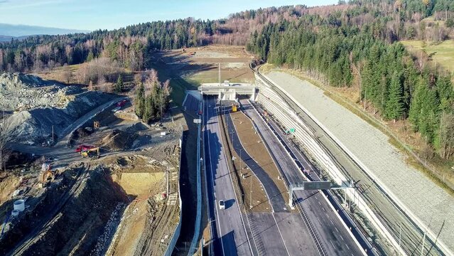 Newly opened tunnel on Zakopianka highway in Poland in November 2022. The tunnel is 2 over km long and makes travel from Krakow to Zakopane, Podhale region and Slovakia much faster