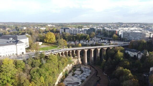 Scenic Drone Aerial Footage of Luxembourg City, including Cath&eacute;drale Notre-Dame, Pont Adolphe and Bourbon-Platte
