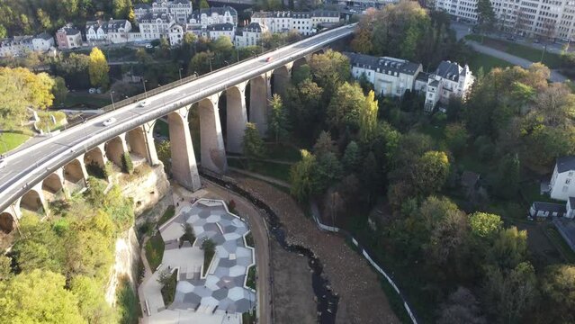 Scenic Drone Aerial Footage of Luxembourg City, including Cath&eacute;drale Notre-Dame, Pont Adolphe and Bourbon-Platte