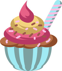 colorful cupcakes with pink and chocolate sprinkles and biscuit sticks