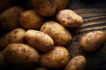 Potatoes on wooden planks food still life background