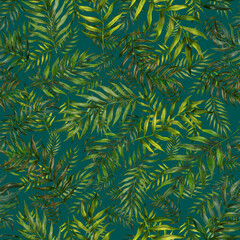 Fototapeta na wymiar Watercolor seamless pattern with palm leaves. Beautiful allover tropical print with hand drawn exotic plants. Swimwear botanical design. 