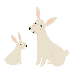 Obraz premium Mother rabbit with her baby. Cute mom and her child animal characters. Mother Day print for kids. Vector illustration