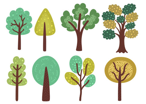 Doodle trees collection. Different trees set in cartoon style. Vector illustration