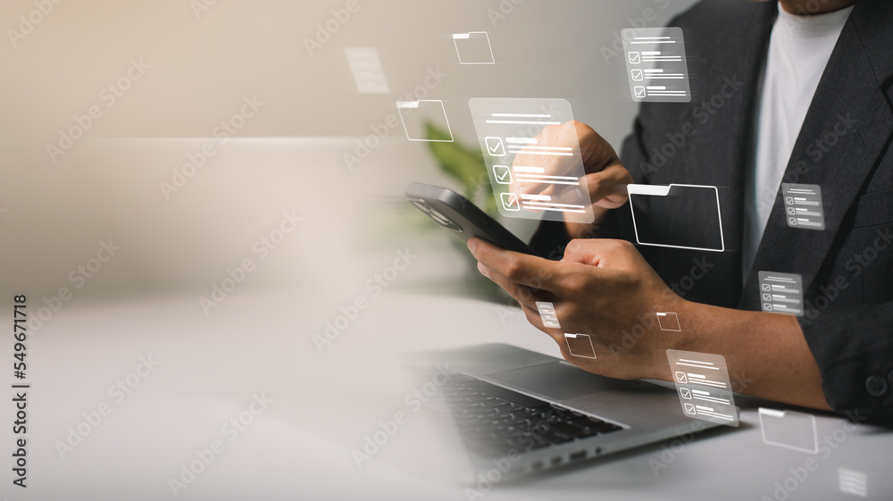 Leinwandbilder businessmen use laptops to searching, managing and access information in files online document datab