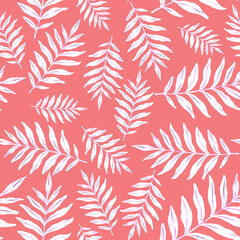 Fototapeta na wymiar Watercolor seamless pattern with colorful abstract tropical leaves. Bright summer print with exotic plants. Creative trendy botanical textile design. 