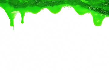 A trail (horizontal line) of oozing green slime, a dense dripping liquid slowly going down a white surface.
