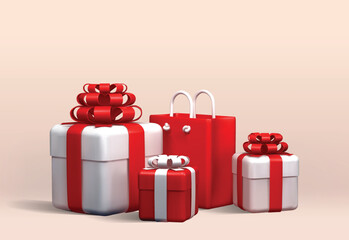 gifts with present bag vector 3d illustration. White and red gift box with red present bag 3d render illustration.