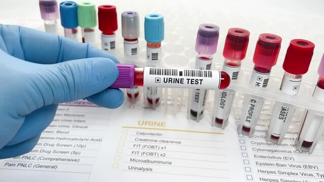 Doctor hand with blood sample for Urine test in the chemistry laboratory. Hand doctor holding blood tube test for analysis in the lab