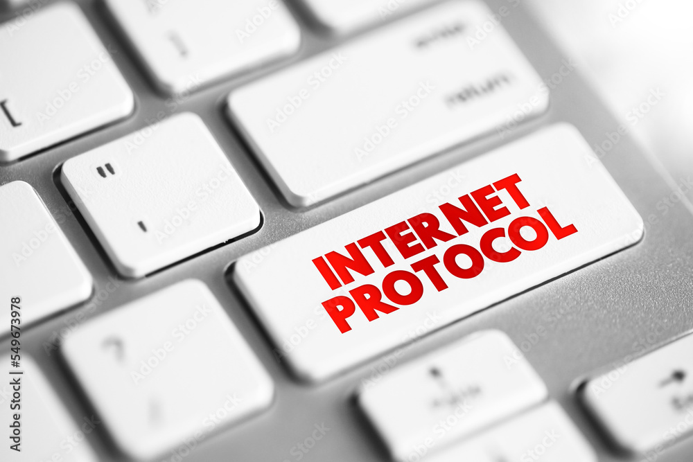 Poster Internet Protocol - network layer communications protocol in the Internet protocol suite for relaying datagrams across network boundaries, text concept button on keyboard