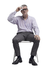 PNG file no background Uncomfortable emotional man sitting and sweating