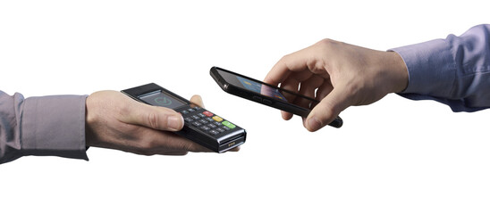 PNG file no background Man paying with his smartphone