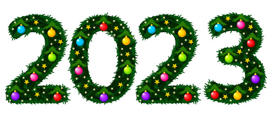 Happy New Year 2023. Figures in the form of Christmas tree toys and fir branches. Happy New Year and Christmas.