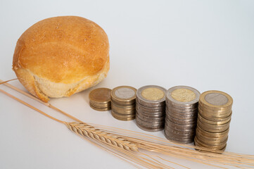 Piece of bread, next to stacks of coins of increasing height, and an ear of corn. Increase and trend in the price of wheat and bread. 