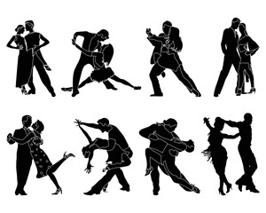 Black silhouettes of tango players on a white background		
