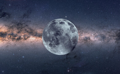Panorama view universe space of Milky Way galaxy with stars on a night sky background and super full moon 