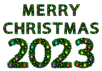 Happy New Year 2023. Figures in the form of Christmas tree toys and fir branches. Happy New Year and Christmas.