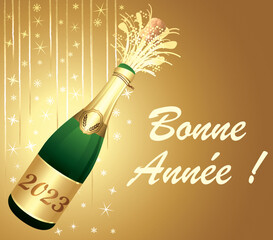 Bonne année ! Carte de vœux dorée avec champagne et décorations de fête. Illustration vectorielle.