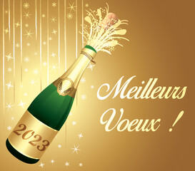 Meilleurs vœux ! Carte de vœux de bonne année avec champagne et décorations de fête. Illustration vectorielle.