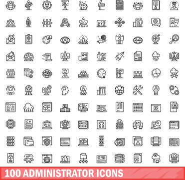 100 administrator icons set. Outline illustration of 100 administrator icons vector set isolated on white background
