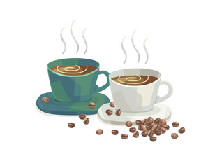 two cups of coffee with different colors and coffee beans