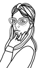 Coloring page with the image of a girl in a head scarf and vintage glasses with thick frames