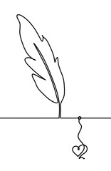 Silhouette of abstract feather with heart as line drawing on white. Vector