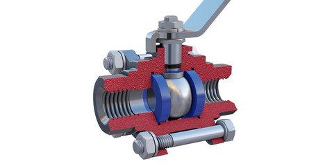 A close-up view of the cross-sectioned ball valve  with a  manual lever