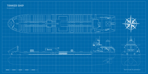Tanker outline drawing. Contour cargo ship industrial blueprint. Petroleum boat view top, side and front. Vehicle document. Commerce water transport