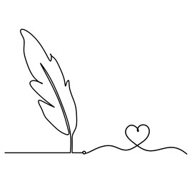 Silhouette of abstract feather with heart as line drawing on white. Vector