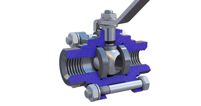 A close-up view of the cross-sectioned ball valve  