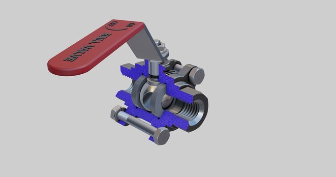 A cross-sectioned ball valve  with a red manual lever in semi-opened position