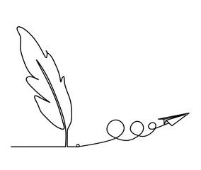 Silhouette of abstract feather with paper plane as line drawing on white. Vector