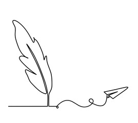Silhouette of abstract feather with paper plane as line drawing on white. Vector